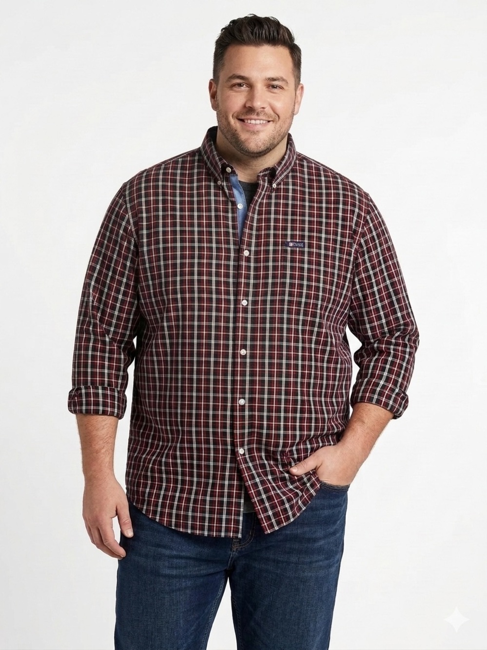 Chaps Men's Burgundy Red Blue White Plaid Button-Down Long Sleeve Shirt 2XL -548